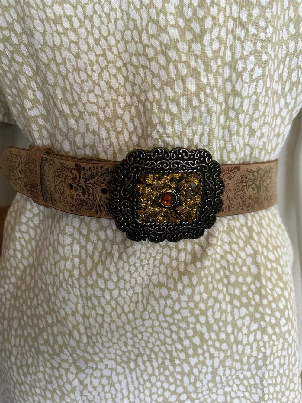 Tooled Tan Leather Belt with Ornate Amber Buckle